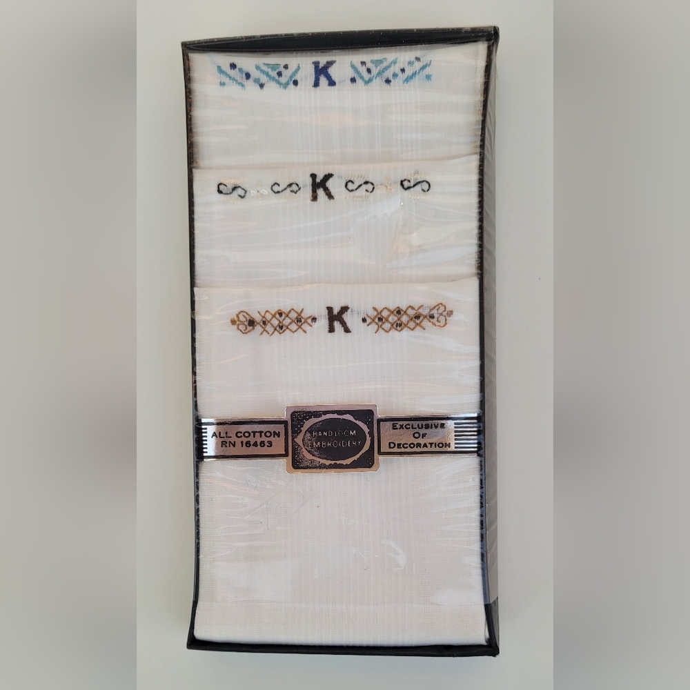 3 Vintage K Monogrammed Handkerchiefs NOS